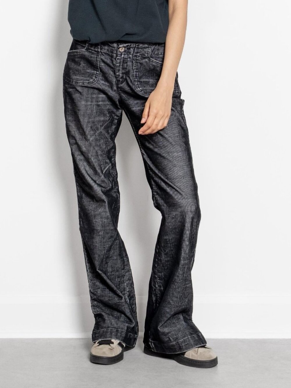 BLACK CORDUROY Low Rise Flares Fall Soft Y2K Pockets Baggy Xs